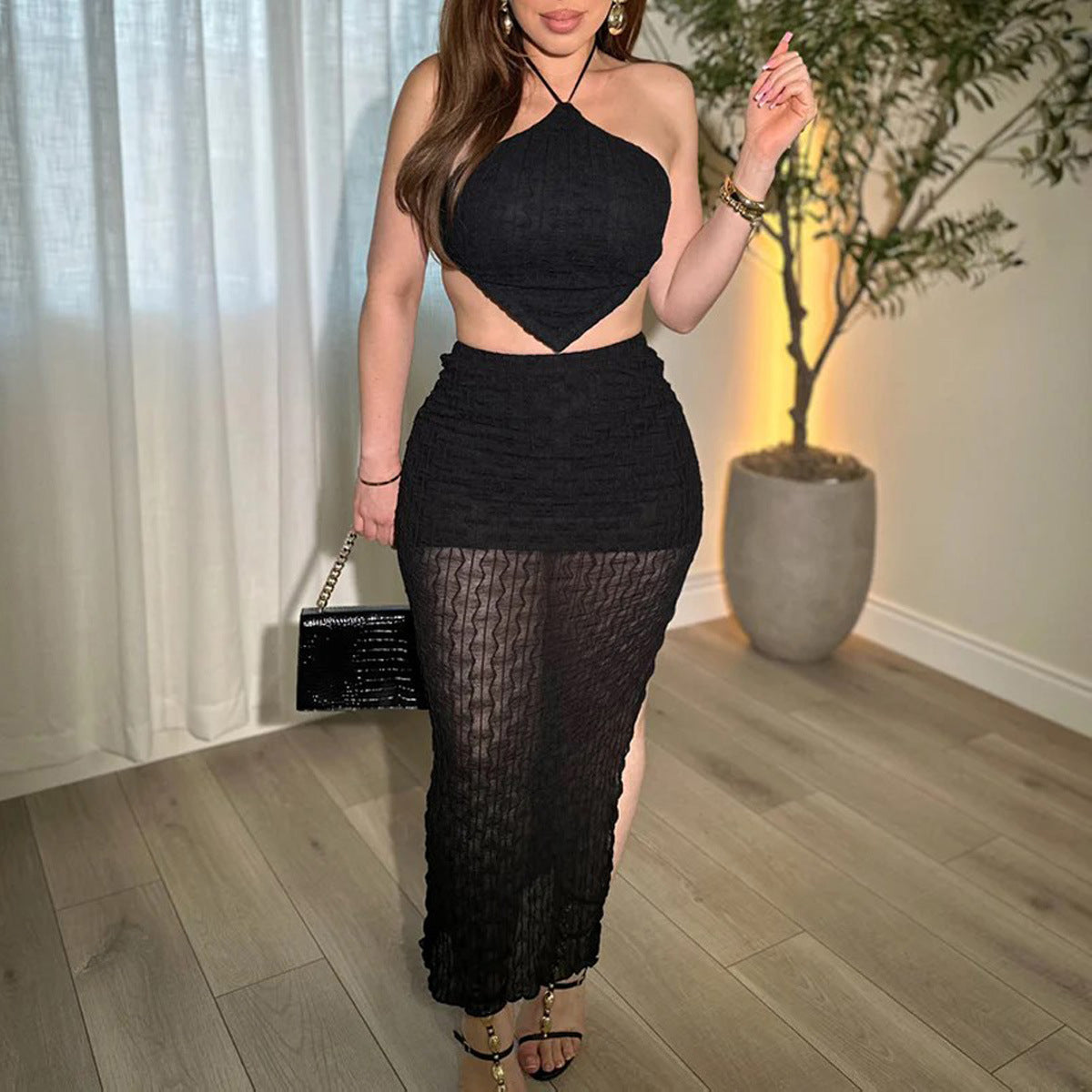 European And American-style Cropped Backless Halter-neck Skirt Set