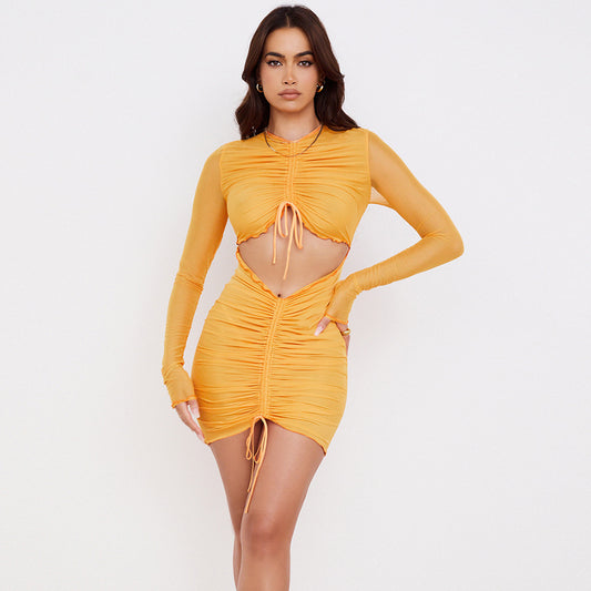 See Through Long Sleeved Umbilical Drawstring Pleated Solid Color Hip Skirt