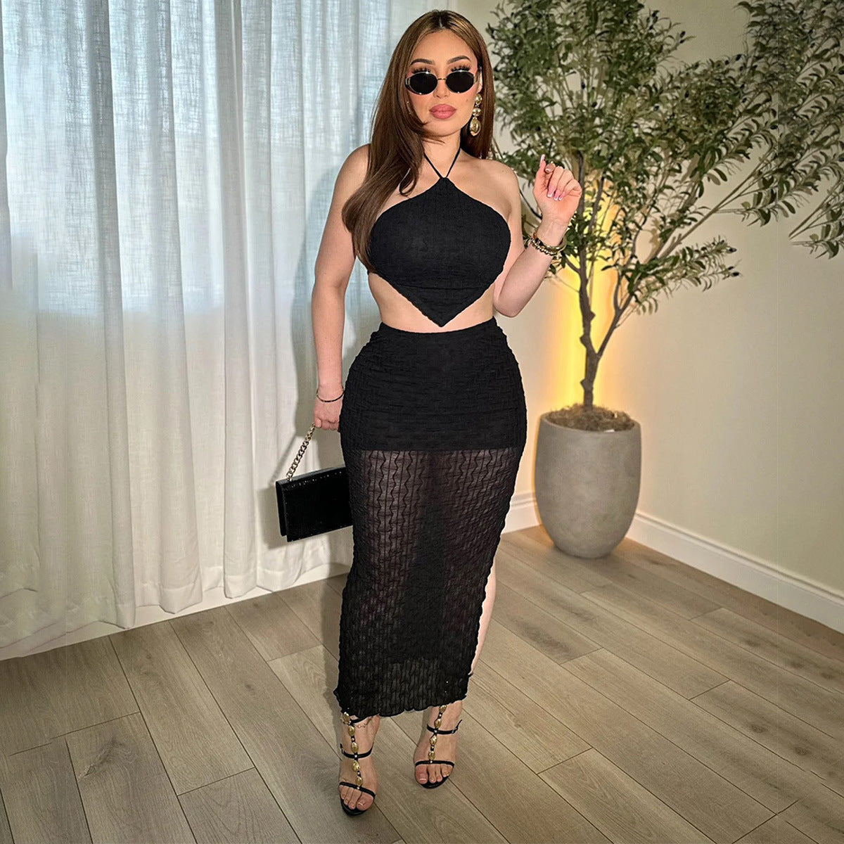 European And American-style Cropped Backless Halter-neck Skirt Set