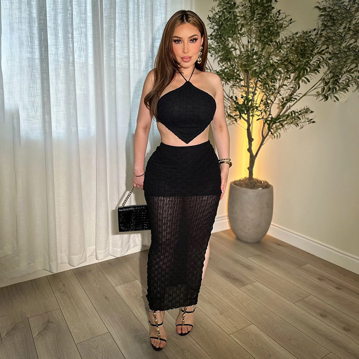 European And American-style Cropped Backless Halter-neck Skirt Set