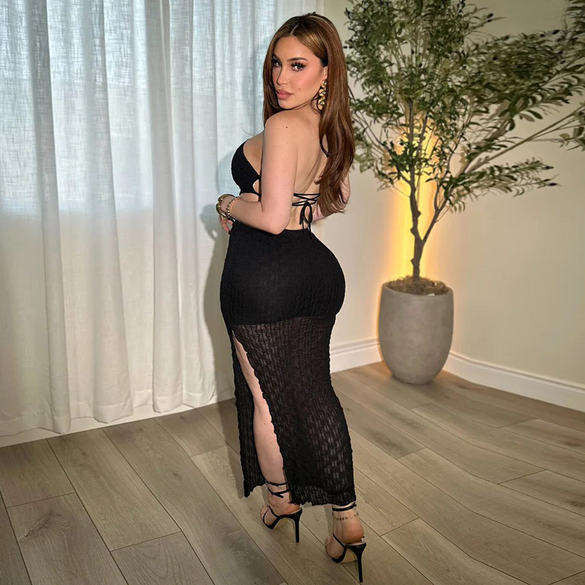 European And American-style Cropped Backless Halter-neck Skirt Set